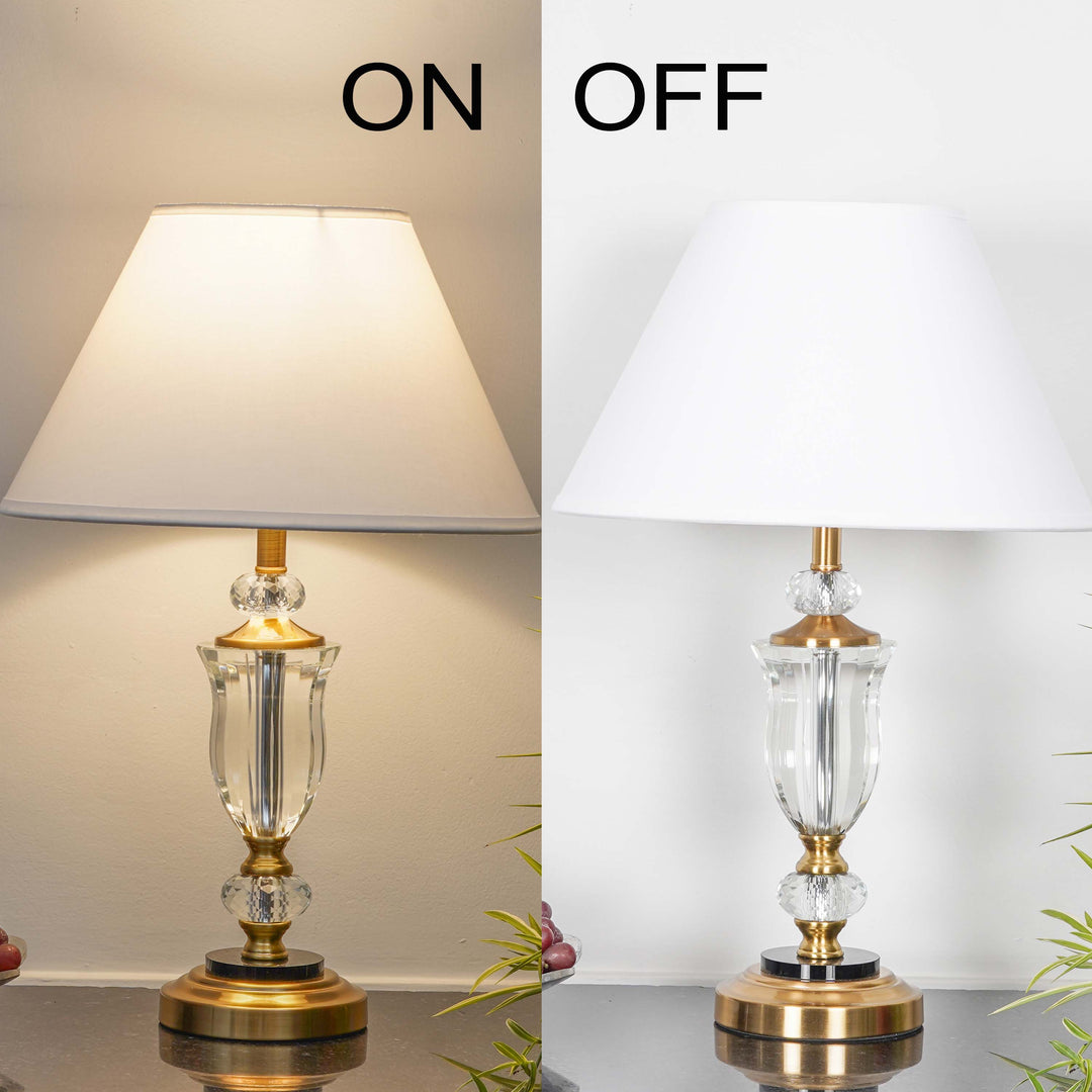ASHURST Black & Antique Brass Finish Metal And Clear Crystal Glass Table Lamp With Cotton Shade
