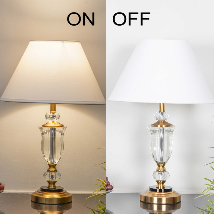 ASHURST Black & Antique Brass Finish Metal And Clear Crystal Glass Table Lamp With Cotton Shade
