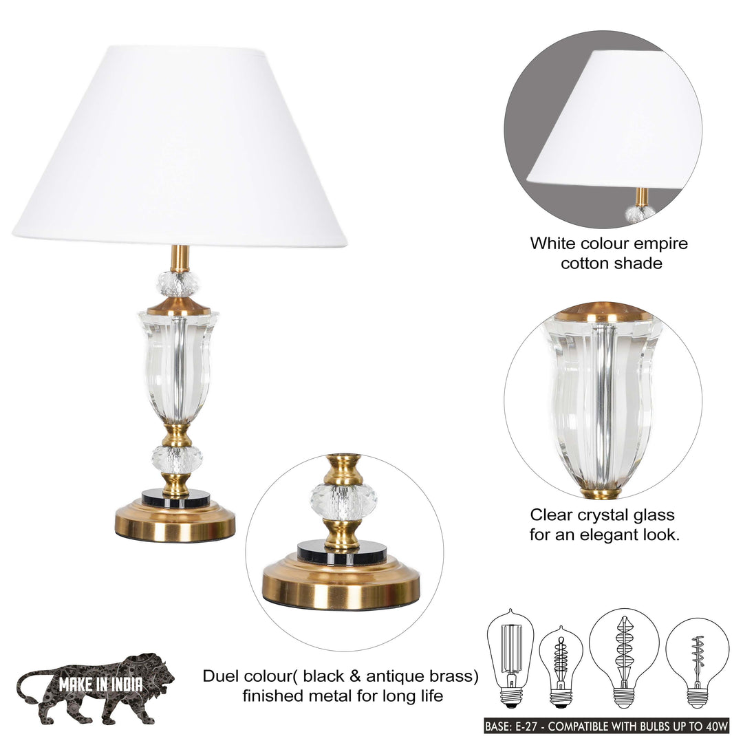 ASHURST Black & Antique Brass Finish Metal And Clear Crystal Glass Table Lamp With Cotton Shade