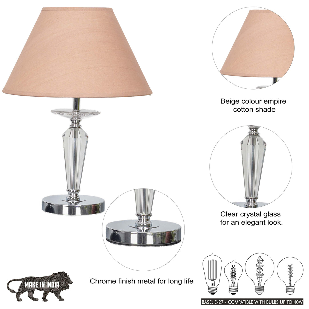 VISO Chrome Finish Metal And Clear Crystal Glass Table Lamp With Cotton Shade