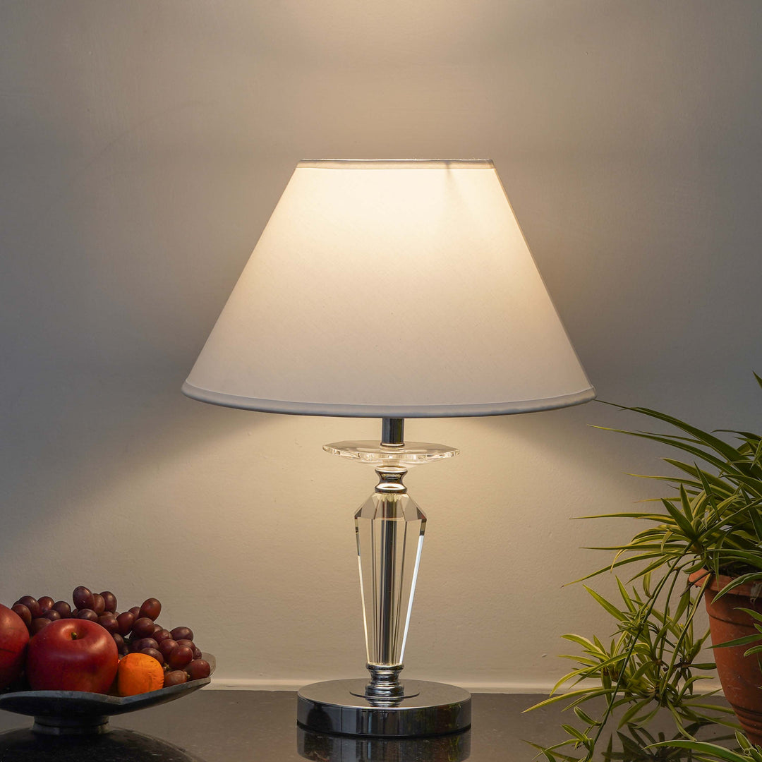VISO Chrome Finish Metal And Clear Crystal Glass Table Lamp With Cotton Shade