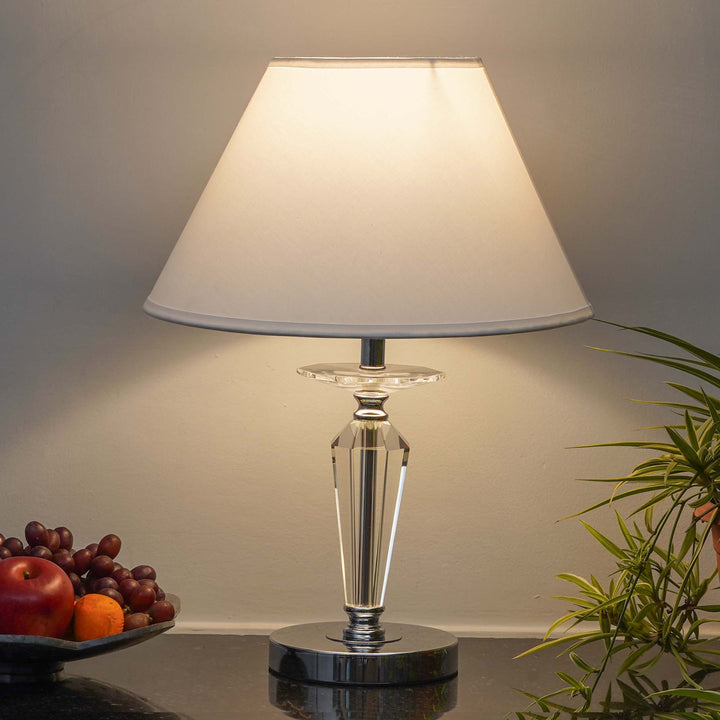 VISO Chrome Finish Metal And Clear Crystal Glass Table Lamp With Cotton Shade