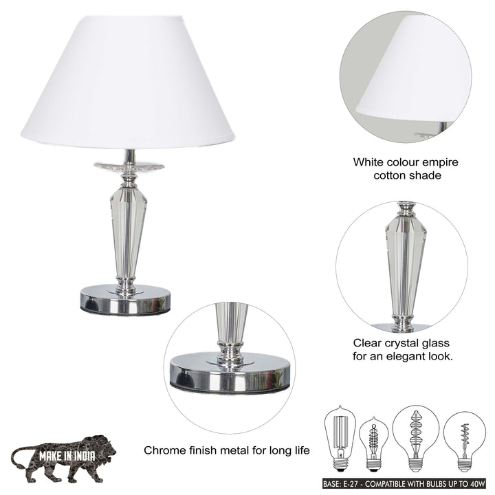 VISO Chrome Finish Metal And Clear Crystal Glass Table Lamp With Cotton Shade