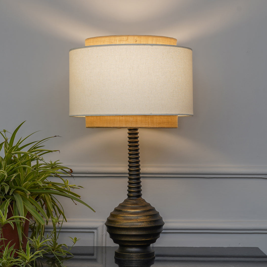 ARVENA Premium Ribbed Wooden Table Lamp with Jute & Cotton Fabric Shade – Antique Brass Finish