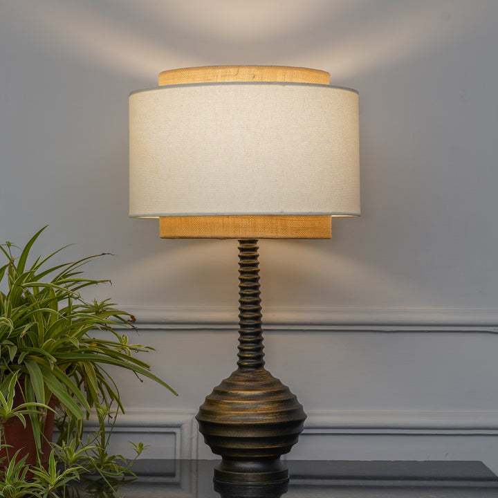 ARVENA Premium Ribbed Wooden Table Lamp with Jute & Cotton Fabric Shade – Antique Brass Finish