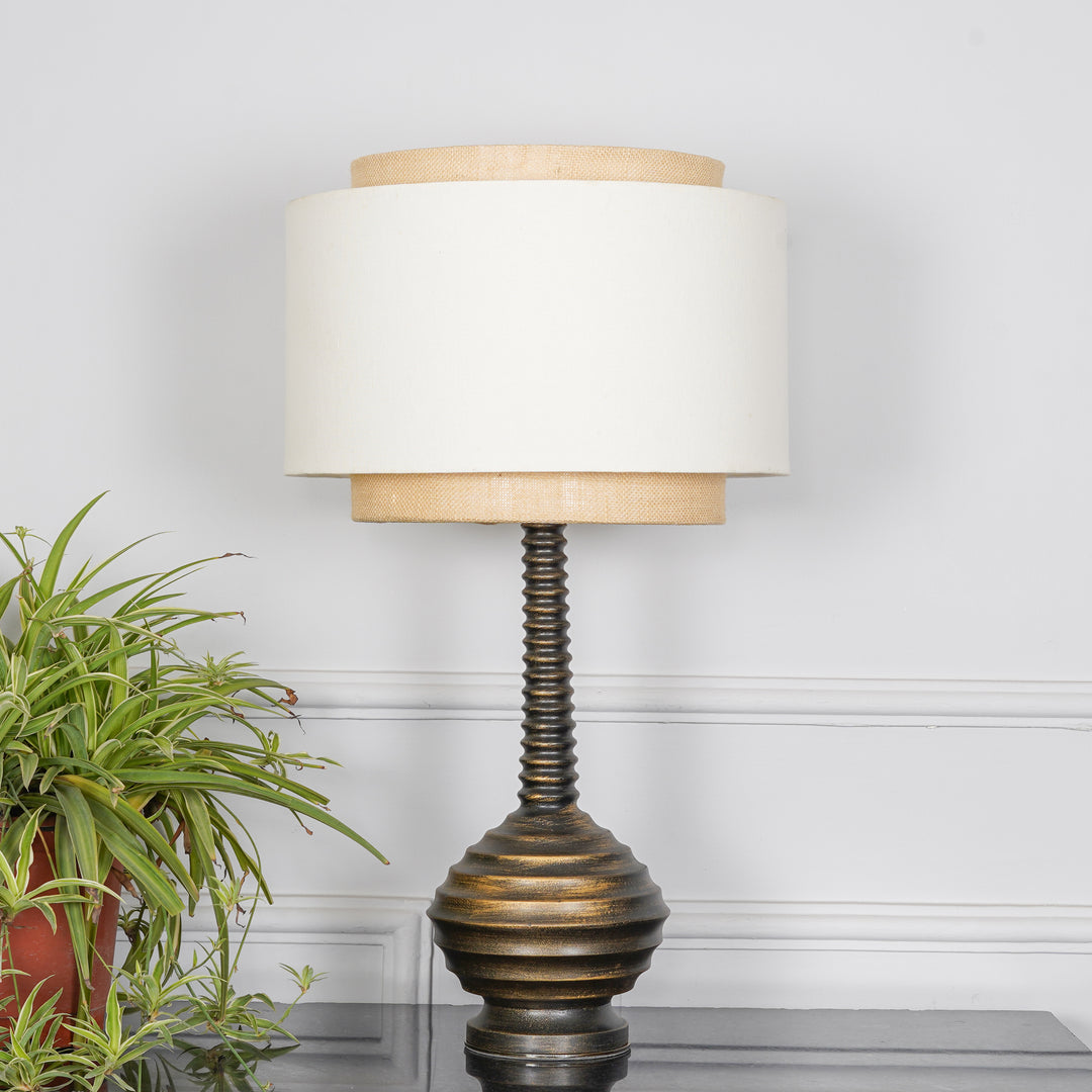 ARVENA Premium Ribbed Wooden Table Lamp with Jute & Cotton Fabric Shade – Antique Brass Finish