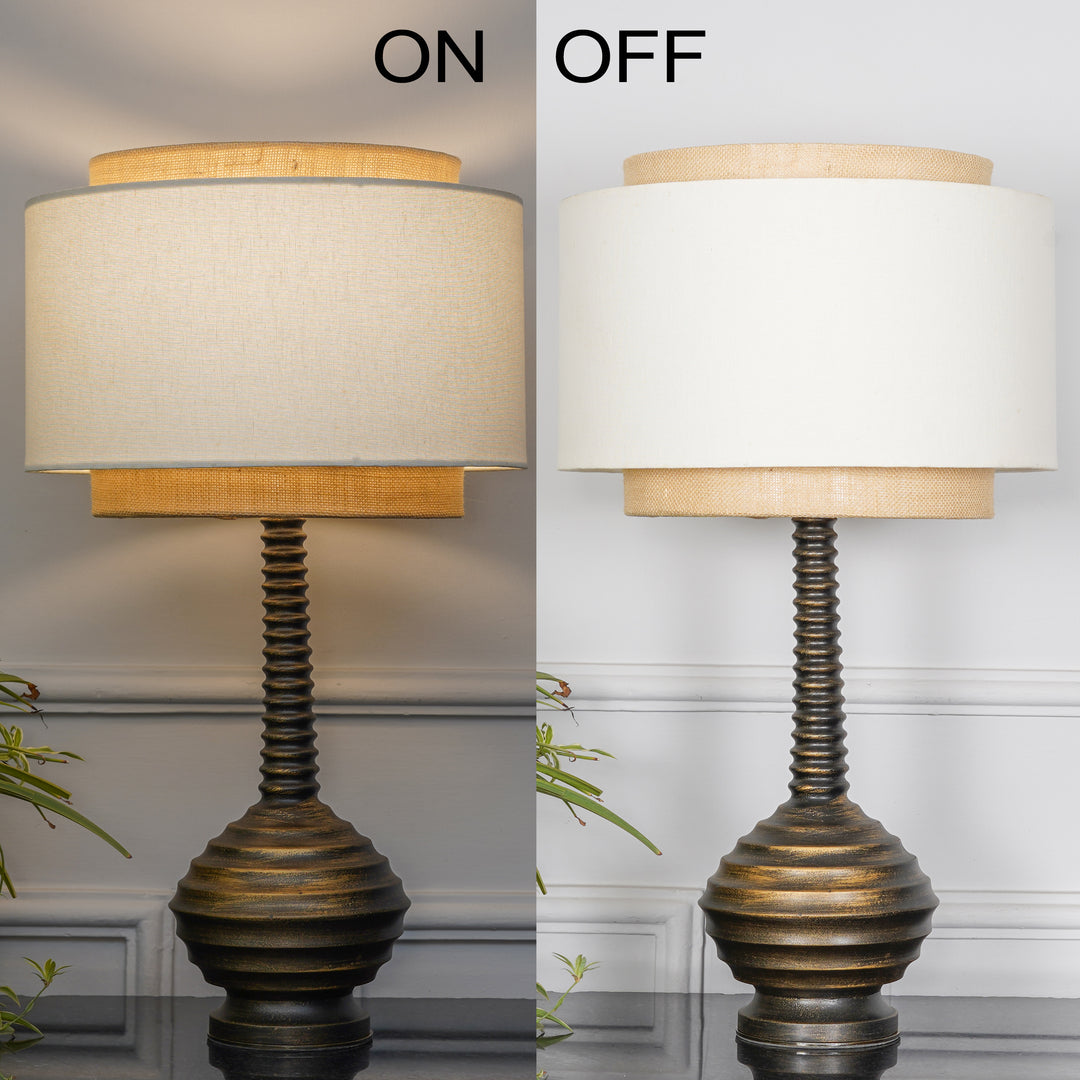 ARVENA Premium Ribbed Wooden Table Lamp with Jute & Cotton Fabric Shade – Antique Brass Finish