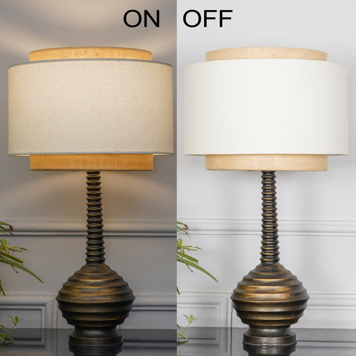 ARVENA Premium Ribbed Wooden Table Lamp with Jute & Cotton Fabric Shade – Antique Brass Finish