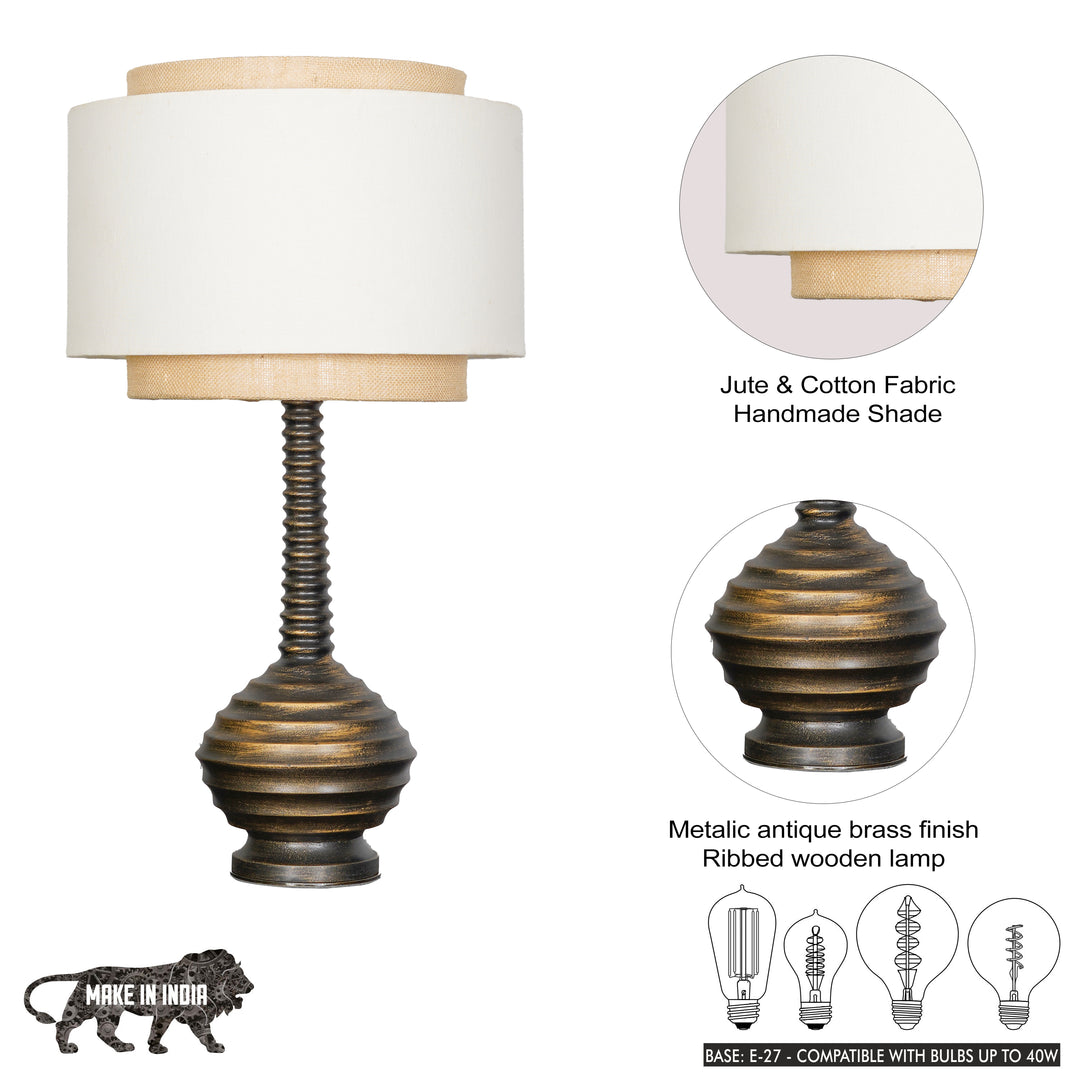 ARVENA Premium Ribbed Wooden Table Lamp with Jute & Cotton Fabric Shade – Antique Brass Finish