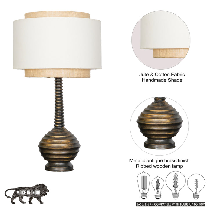 ARVENA Premium Ribbed Wooden Table Lamp with Jute & Cotton Fabric Shade – Antique Brass Finish