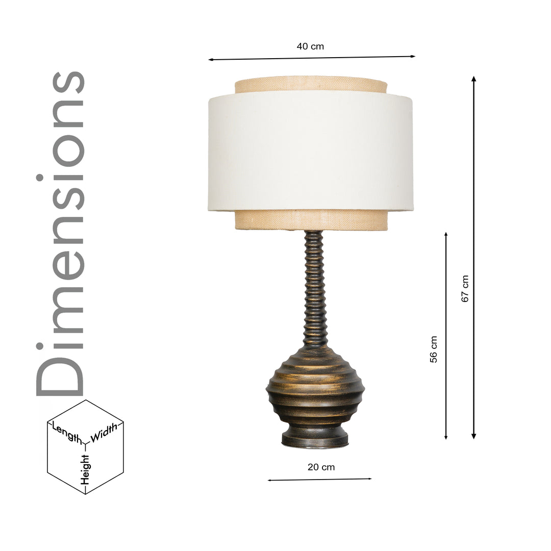 ARVENA Premium Ribbed Wooden Table Lamp with Jute & Cotton Fabric Shade – Antique Brass Finish