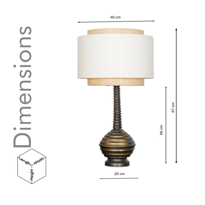 ARVENA Premium Ribbed Wooden Table Lamp with Jute & Cotton Fabric Shade – Antique Brass Finish
