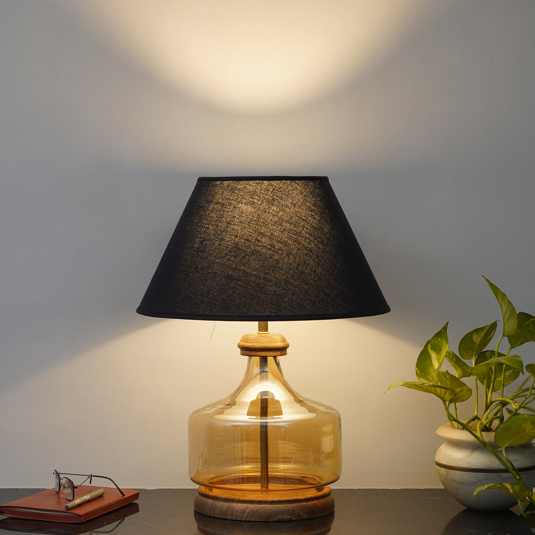 Alexandro Amber Lustere Glass and Wood Table Lamp With Cotton Shade
