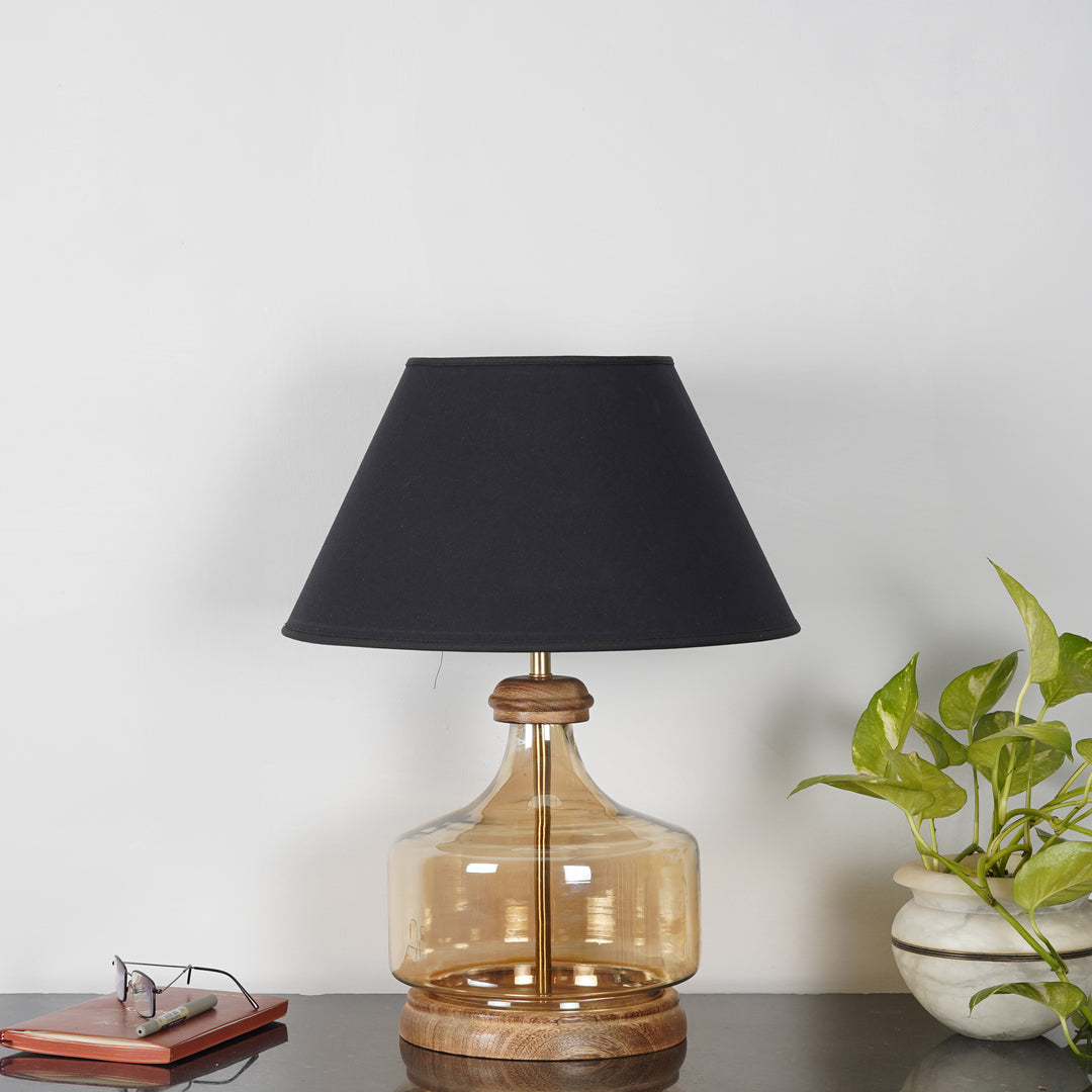 Alexandro Amber Lustere Glass and Wood Table Lamp With Cotton Shade