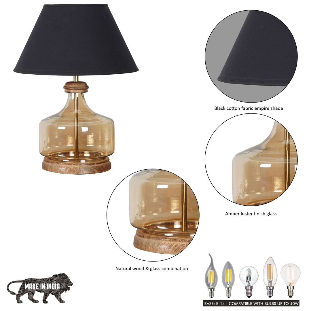 Alexandro Amber Lustere Glass and Wood Table Lamp With Cotton Shade