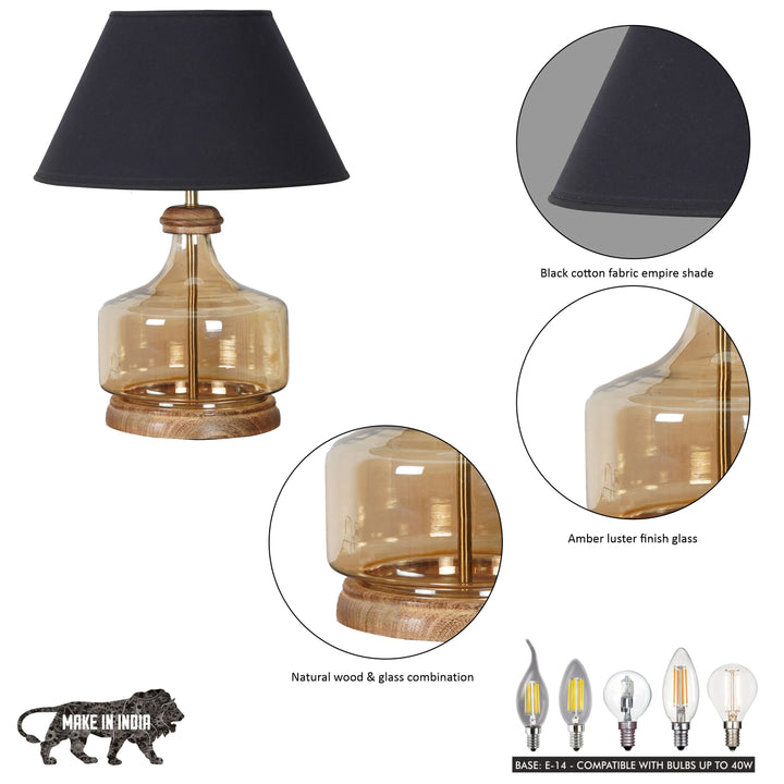 Alexandro Amber Lustere Glass and Wood Table Lamp With Cotton Shade