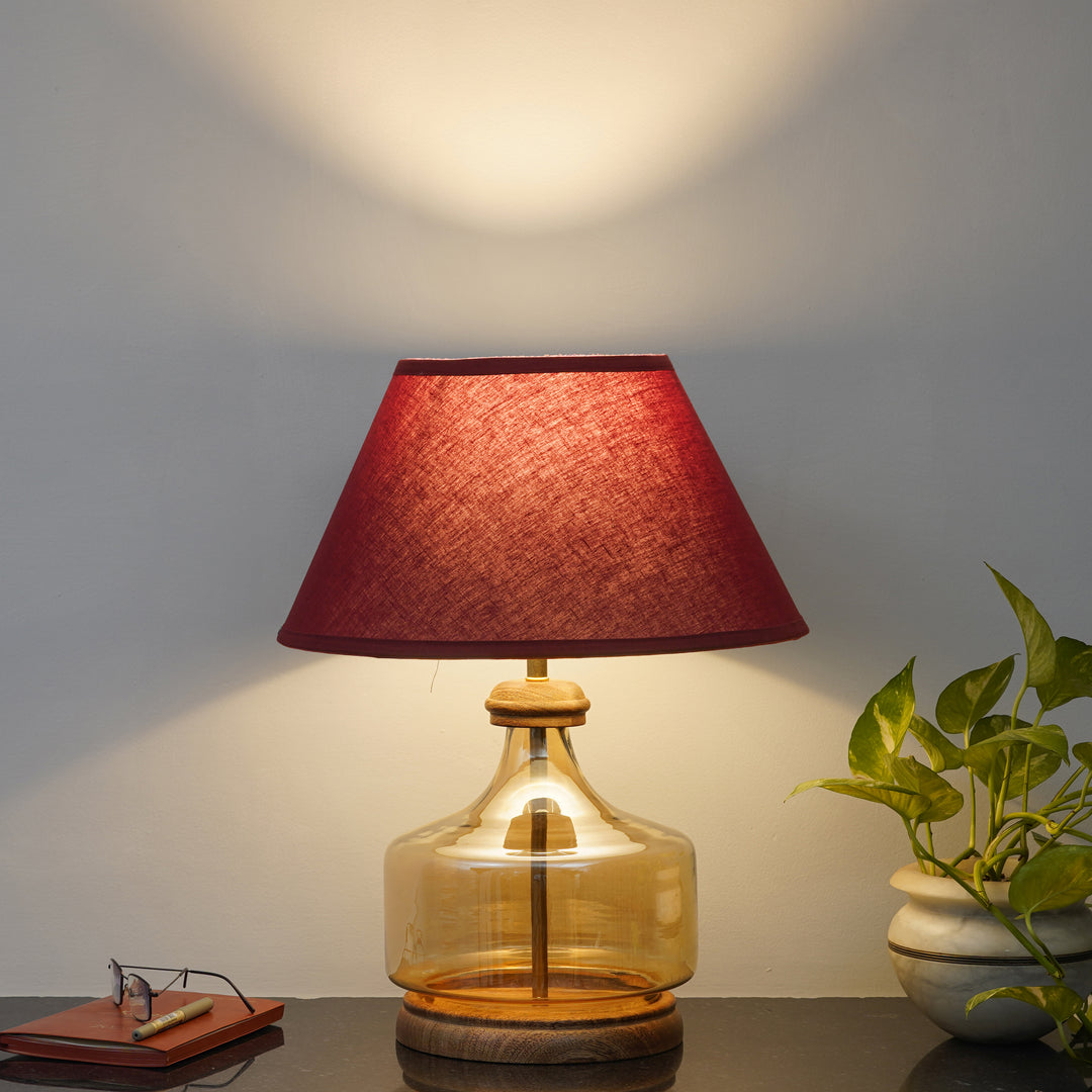 Alexandro Amber Lustere Glass and Wood Table Lamp With Cotton Shade