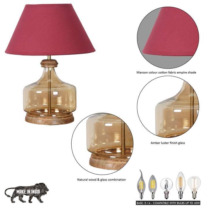 Alexandro Amber Lustere Glass and Wood Table Lamp With Cotton Shade
