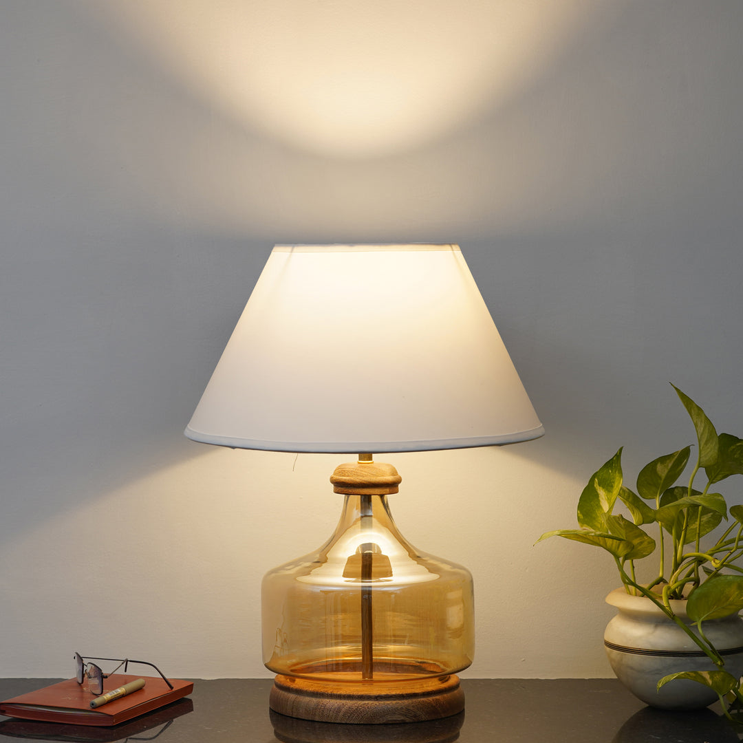 Alexandro Amber Lustere Glass and Wood Table Lamp With Cotton Shade