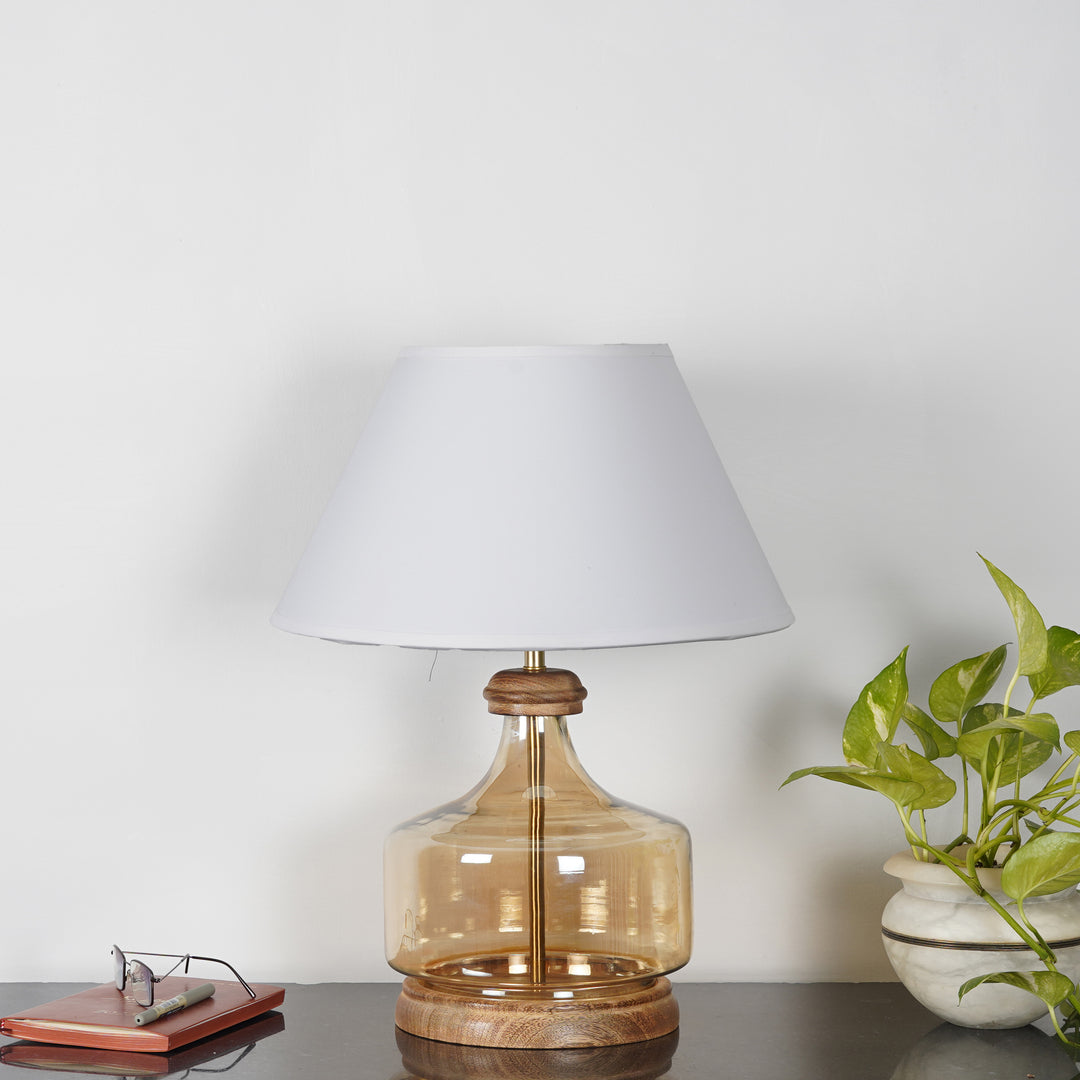 Alexandro Amber Lustere Glass and Wood Table Lamp With Cotton Shade