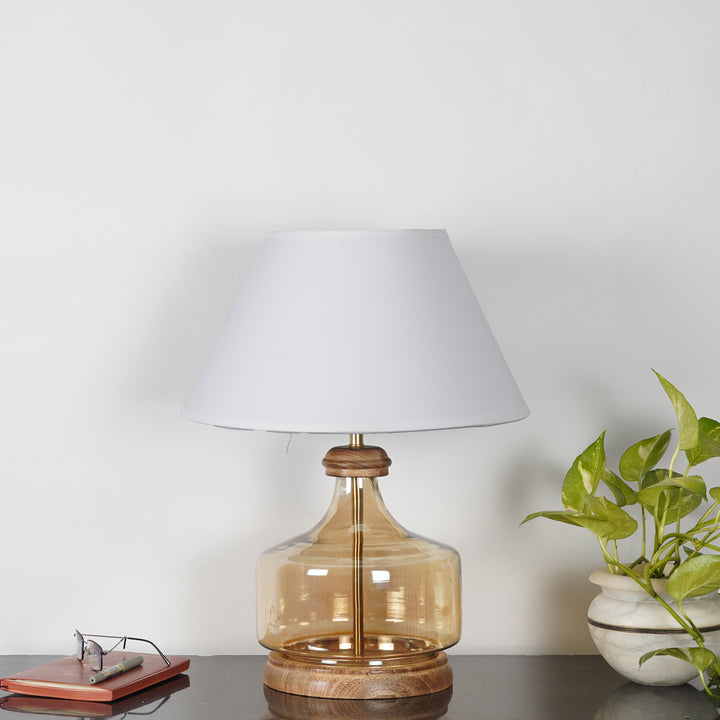Alexandro Amber Lustere Glass and Wood Table Lamp With Cotton Shade