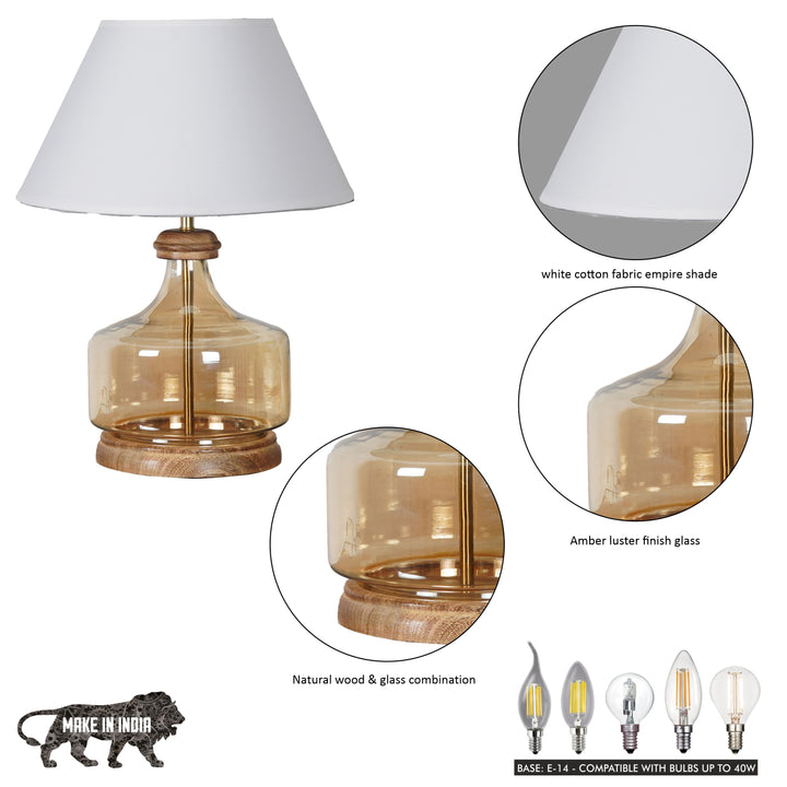 Alexandro Amber Lustere Glass and Wood Table Lamp With Cotton Shade