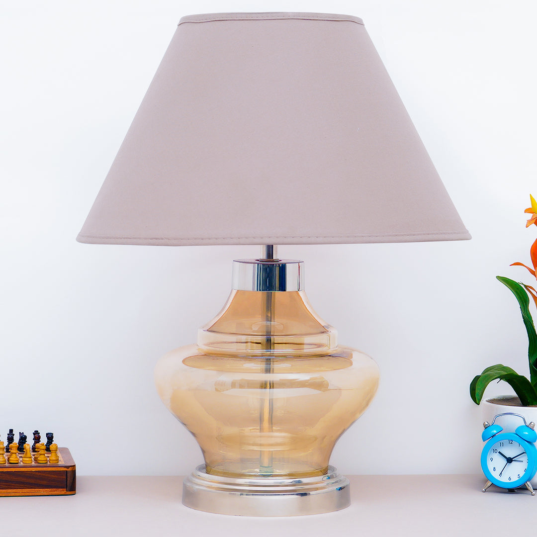 ARNIE Amber Glass And Chrome Finish Metal Table Lamp With Beige Cotton Shade