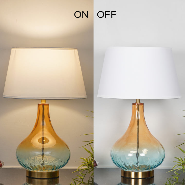 KINGHAM Bottle Green Amber Finish Glass And Amber Glass Table Lamp With Cotton Shade