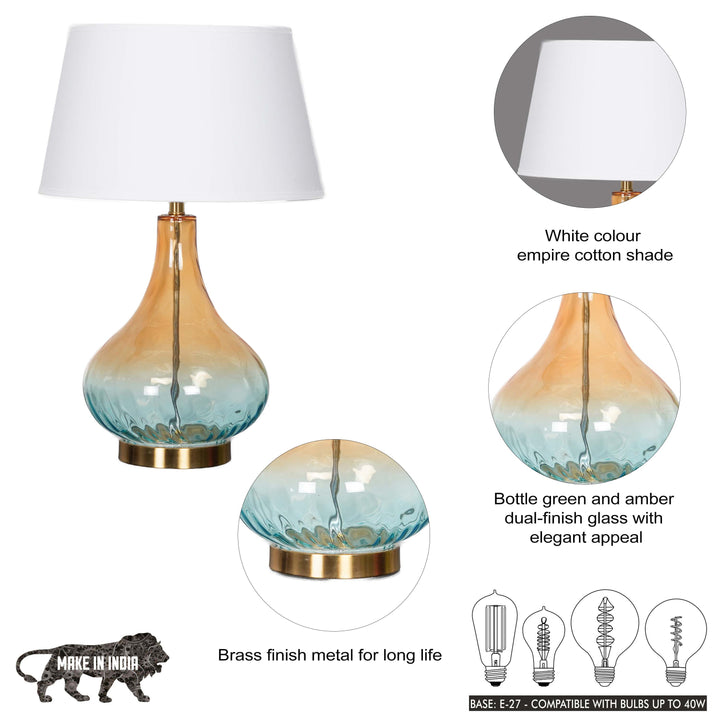 KINGHAM Bottle Green Amber Finish Glass And Amber Glass Table Lamp With Cotton Shade