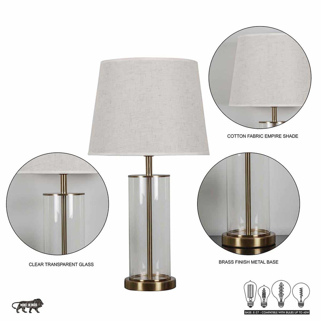 Echo USB Rechargeable Glass Table Lamp in Brass Finish With Fabric Shade