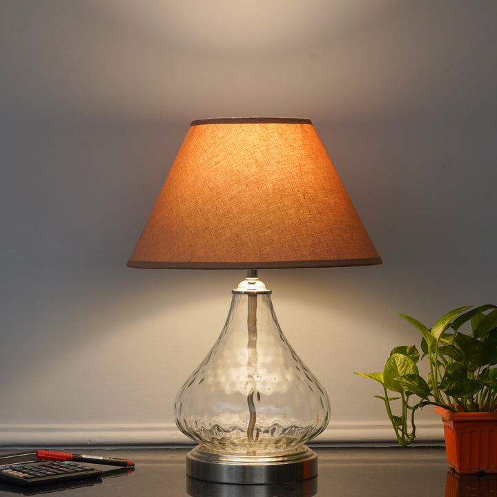 CRYSTAL Modern Clear Glass Table Lamp with Chrome Finish Metal Base & Beige Cotton Shade