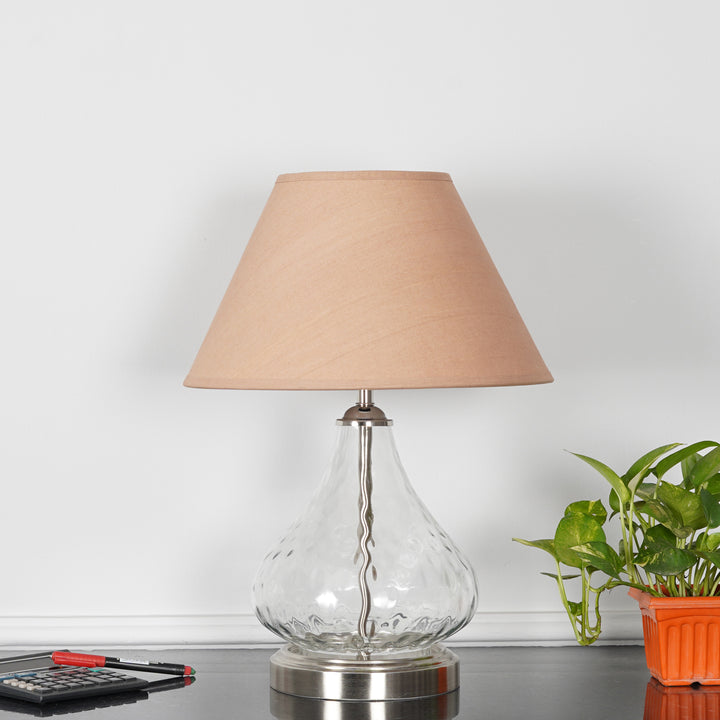 CRYSTAL Modern Clear Glass Table Lamp with Chrome Finish Metal Base & Beige Cotton Shade