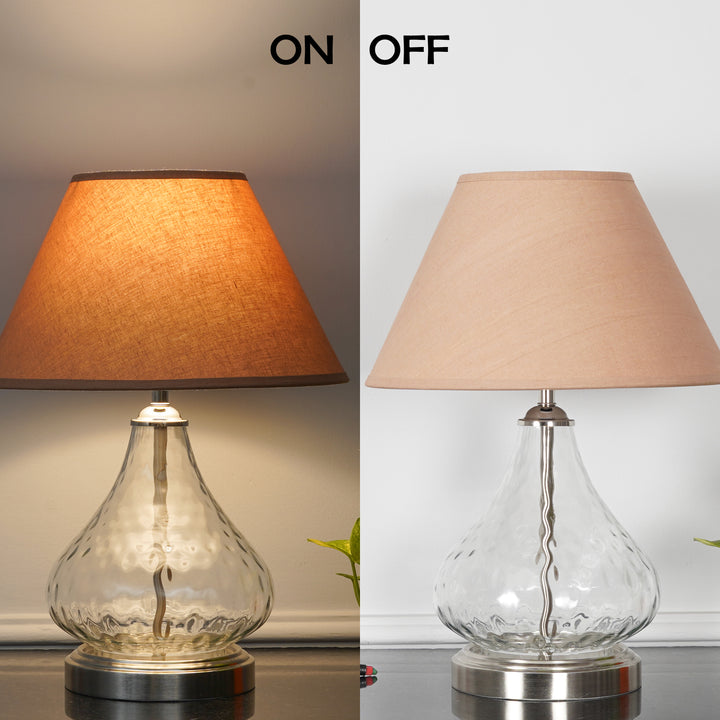CRYSTAL Modern Clear Glass Table Lamp with Chrome Finish Metal Base & Beige Cotton Shade