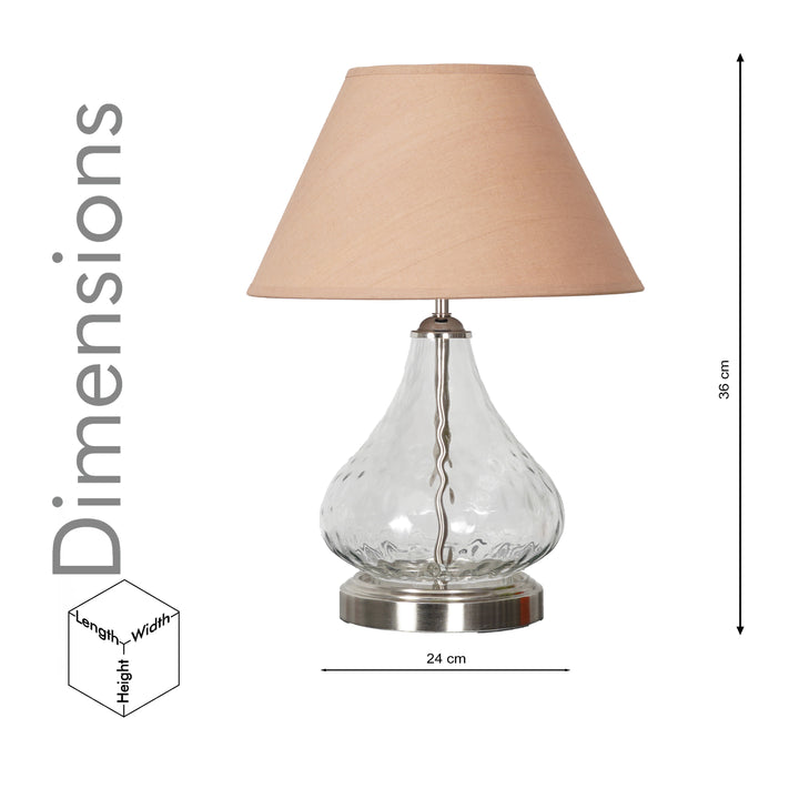 CRYSTAL Modern Clear Glass Table Lamp with Chrome Finish Metal Base & Beige Cotton Shade
