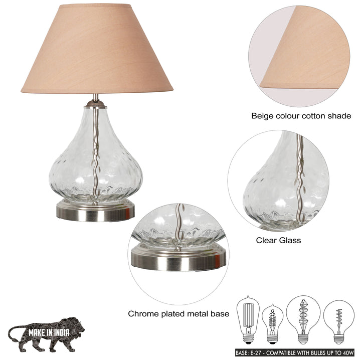 CRYSTAL Modern Clear Glass Table Lamp with Chrome Finish Metal Base & Beige Cotton Shade