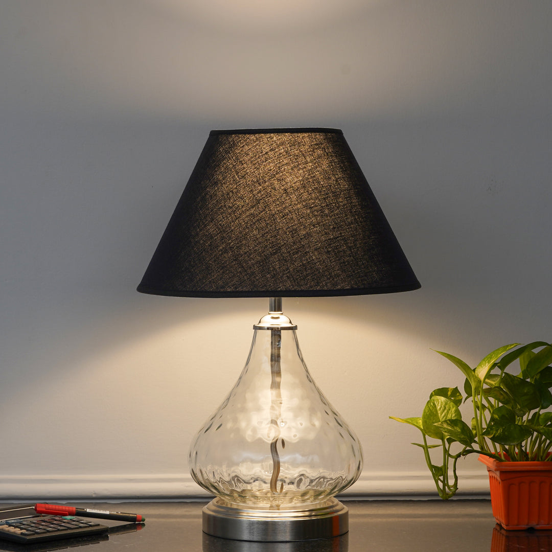 CRYSTAL Modern Clear Glass Table Lamp with Chrome Finish Metal Base & Black Cotton Shade