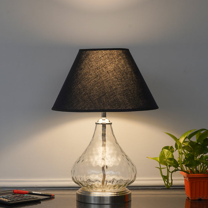 CRYSTAL Modern Clear Glass Table Lamp with Chrome Finish Metal Base & Black Cotton Shade