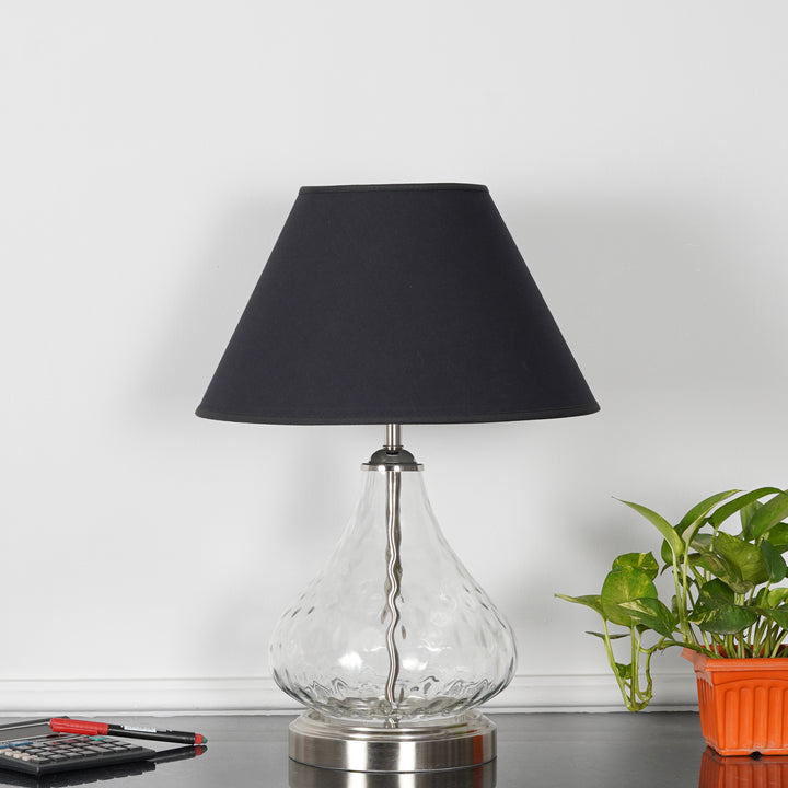 CRYSTAL Modern Clear Glass Table Lamp with Chrome Finish Metal Base & Black Cotton Shade