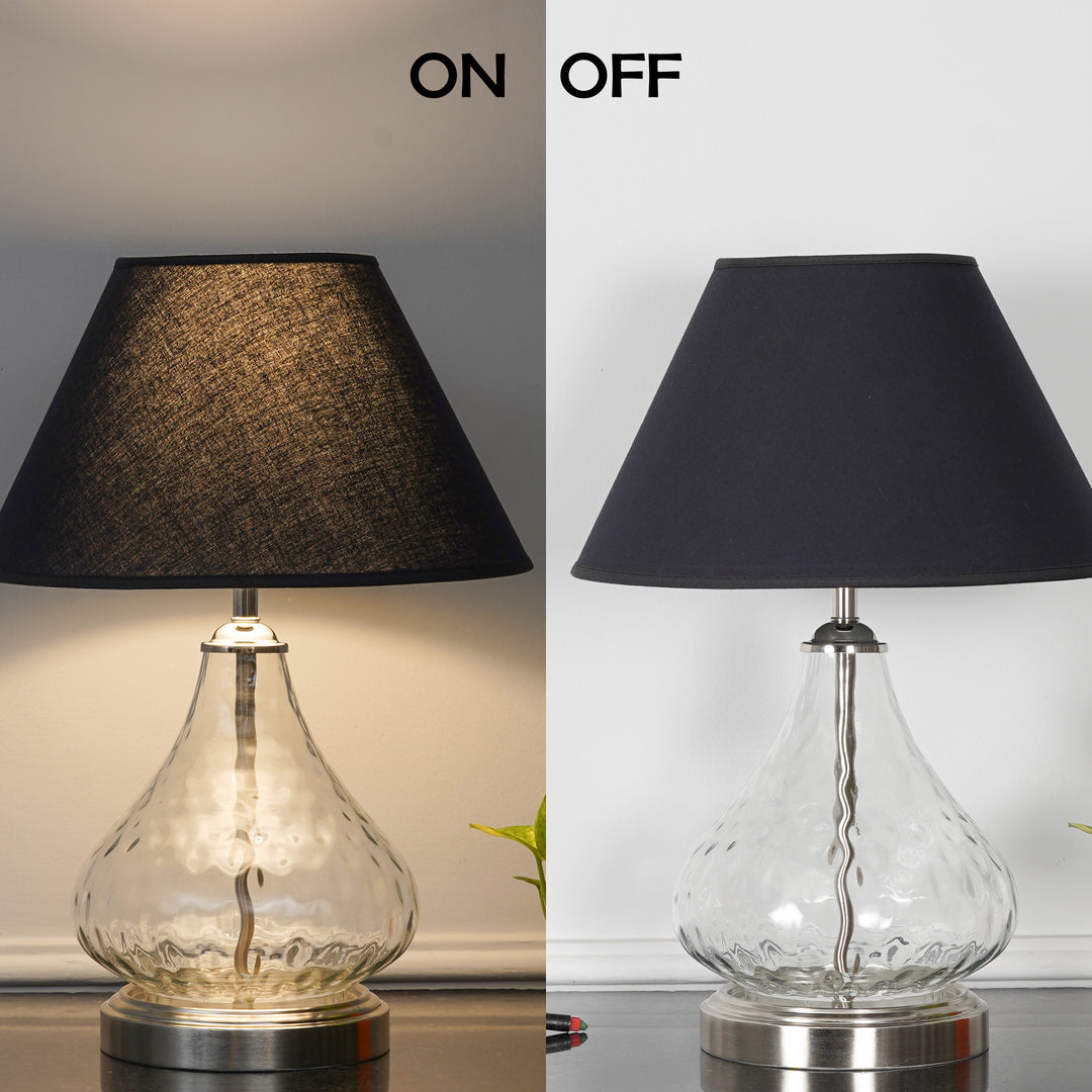 CRYSTAL Modern Clear Glass Table Lamp with Chrome Finish Metal Base & Black Cotton Shade