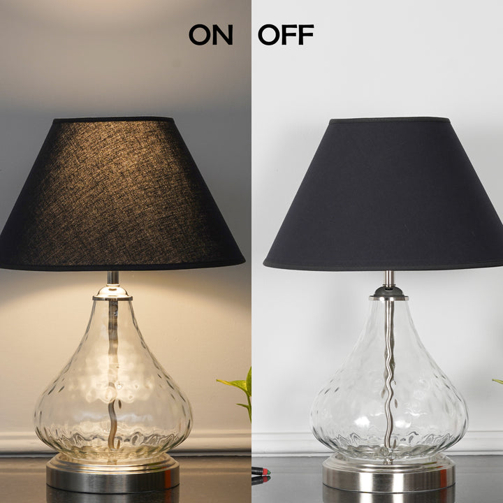 CRYSTAL Modern Clear Glass Table Lamp with Chrome Finish Metal Base & Black Cotton Shade