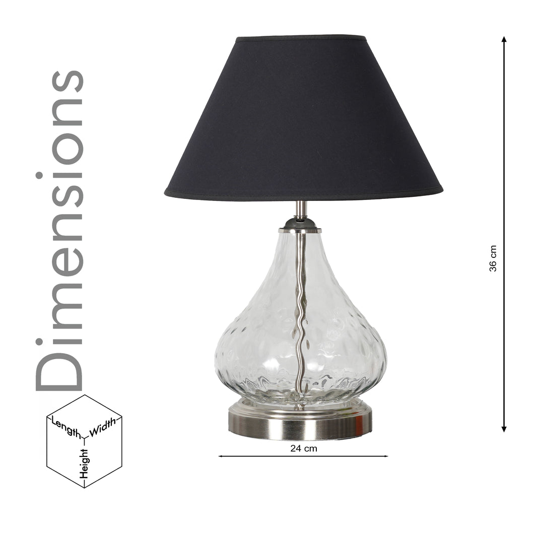 CRYSTAL Modern Clear Glass Table Lamp with Chrome Finish Metal Base & Black Cotton Shade