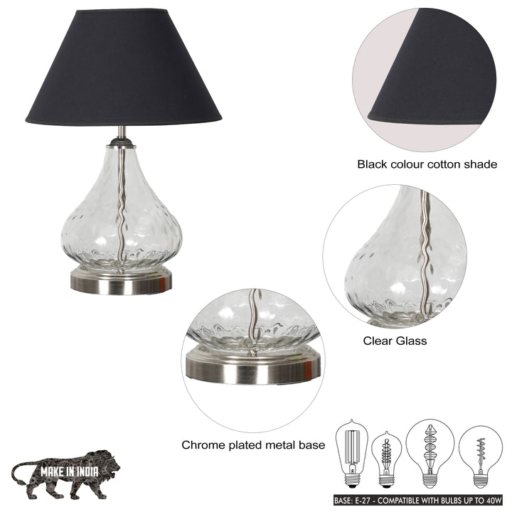 CRYSTAL Modern Clear Glass Table Lamp with Chrome Finish Metal Base & Black Cotton Shade