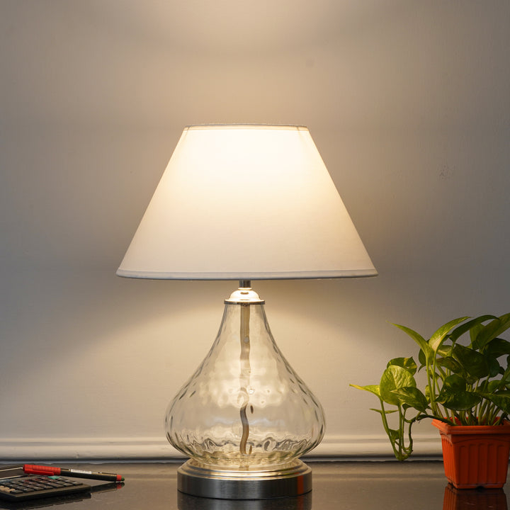 CRYSTAL Modern Clear Glass Table Lamp with Chrome Finish Metal Base & White Cotton Shade