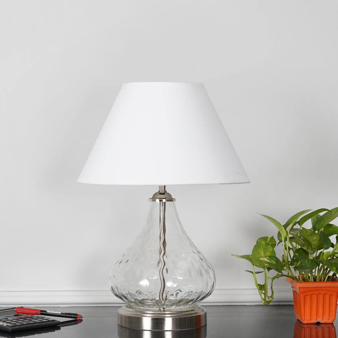 CRYSTAL Modern Clear Glass Table Lamp with Chrome Finish Metal Base & White Cotton Shade