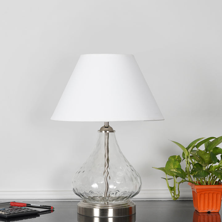 CRYSTAL Modern Clear Glass Table Lamp with Chrome Finish Metal Base & White Cotton Shade