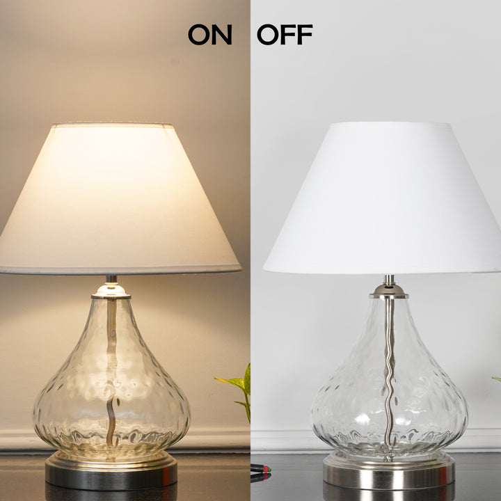 CRYSTAL Modern Clear Glass Table Lamp with Chrome Finish Metal Base & White Cotton Shade