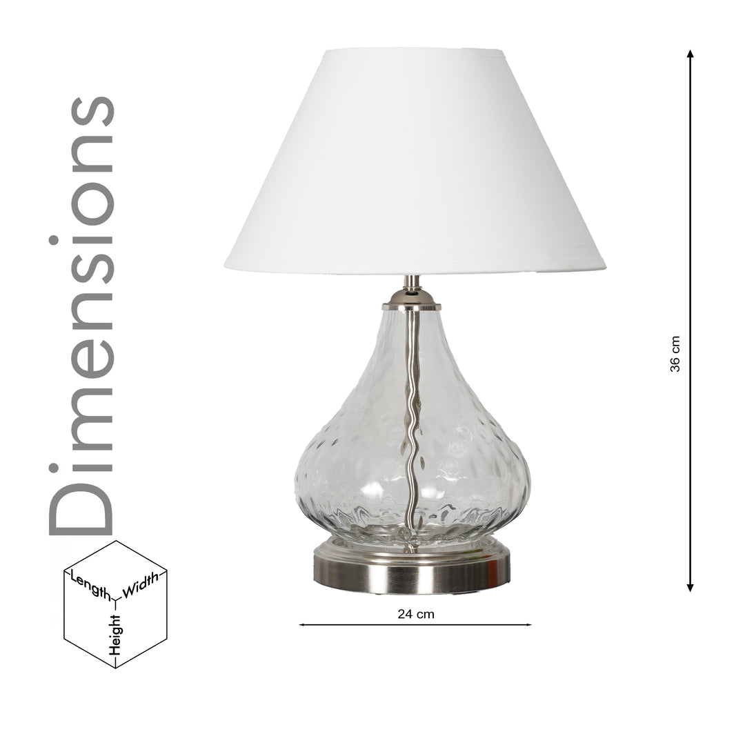 CRYSTAL Modern Clear Glass Table Lamp with Chrome Finish Metal Base & White Cotton Shade