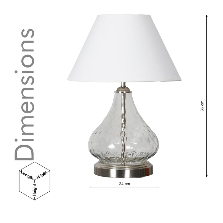 CRYSTAL Modern Clear Glass Table Lamp with Chrome Finish Metal Base & White Cotton Shade