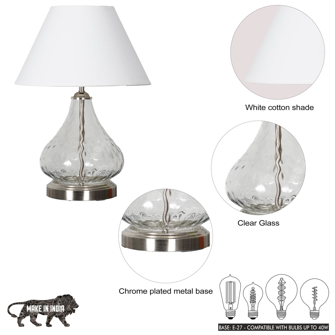 CRYSTAL Modern Clear Glass Table Lamp with Chrome Finish Metal Base & White Cotton Shade
