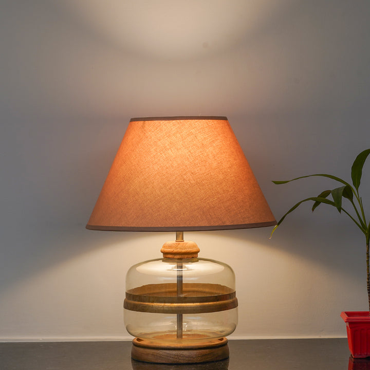 VARELLO Modern Clear Glass Table Lamp with Golden Accent & Natural Wood Base | Beige Cotton Fabric Shade